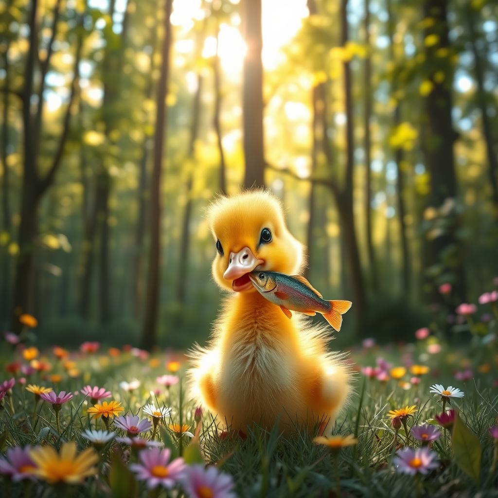 A cute duckling eating a fish in a lush, vibrant forest