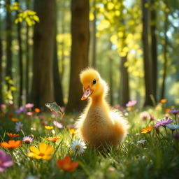A cute duckling eating a fish in a lush, vibrant forest