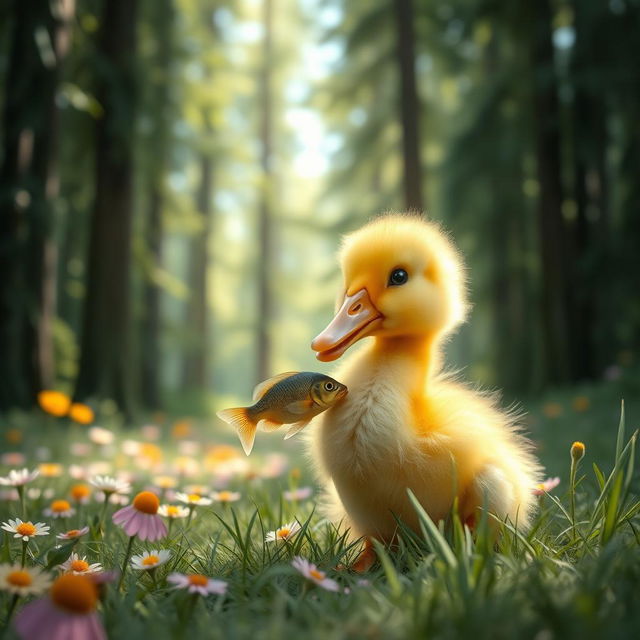 A cute duckling eating a fish in a lush, vibrant forest
