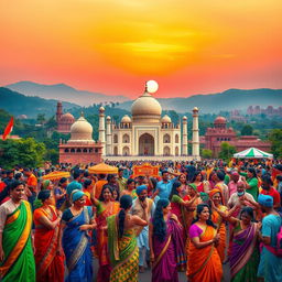 A vibrant and colorful representation of Indian culture, showcasing iconic elements such as traditional attire like sarees and turbans, intricate henna designs, and beautiful landscapes with lush greenery and historical landmarks like the Taj Mahal