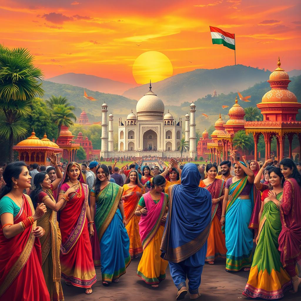 A vibrant and colorful representation of Indian culture, showcasing iconic elements such as traditional attire like sarees and turbans, intricate henna designs, and beautiful landscapes with lush greenery and historical landmarks like the Taj Mahal