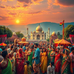 A vibrant and colorful representation of Indian culture, showcasing iconic elements such as traditional attire like sarees and turbans, intricate henna designs, and beautiful landscapes with lush greenery and historical landmarks like the Taj Mahal