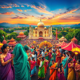 A vibrant and colorful representation of Indian culture, showcasing iconic elements such as traditional attire like sarees and turbans, intricate henna designs, and beautiful landscapes with lush greenery and historical landmarks like the Taj Mahal