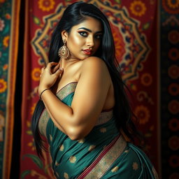 A voluptuous, sexy Indian girl with thick curves and an alluring pose, wearing traditional Indian attire that subtly highlights her figure