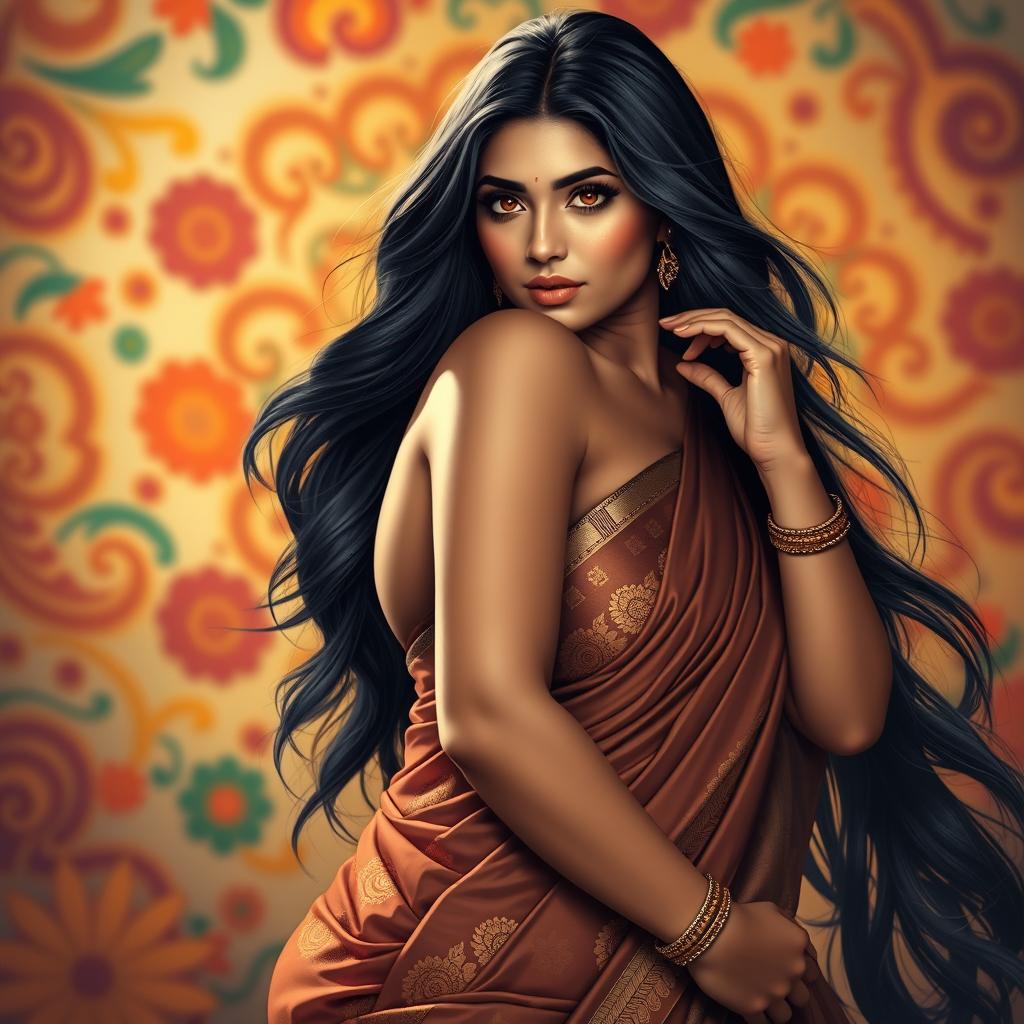 A voluptuous, sexy Indian girl with thick curves and an alluring pose, wearing traditional Indian attire that subtly highlights her figure