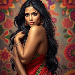 A voluptuous, sexy Indian girl with thick curves and an alluring pose, wearing traditional Indian attire that subtly highlights her figure