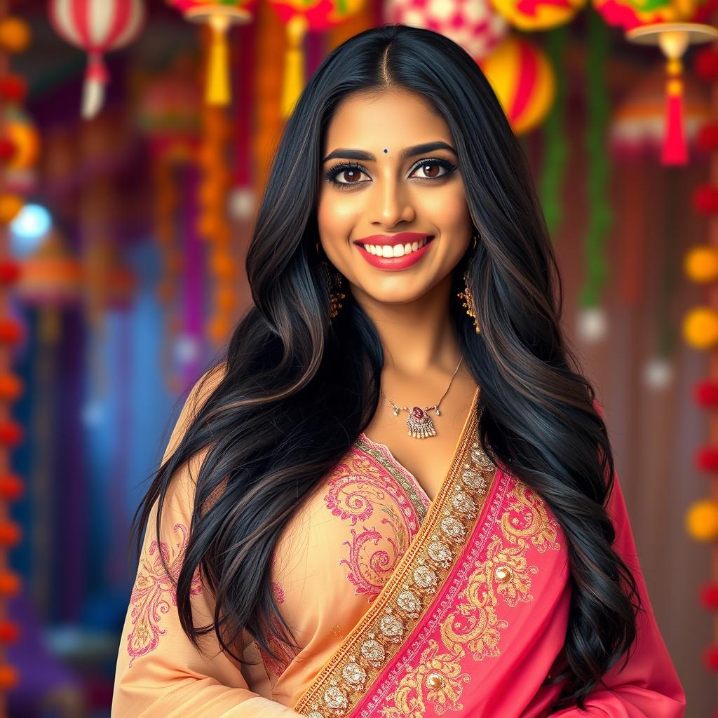 A stunning Indian woman with long, flowing black hair and deep brown eyes, wearing a traditional yet modern fusion outfit that accentuates her curves