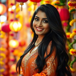 A stunning Indian woman with long, flowing black hair and deep brown eyes, wearing a traditional yet modern fusion outfit that accentuates her curves