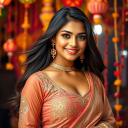 A stunning Indian woman with long, flowing black hair and deep brown eyes, wearing a traditional yet modern fusion outfit that accentuates her curves