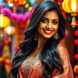 A stunning Indian woman with long, flowing black hair and deep brown eyes, wearing a traditional yet modern fusion outfit that accentuates her curves