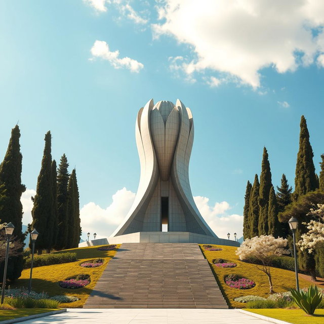 A monument inspired by the elegant form of a tulip, standing majestically on an ancient hill