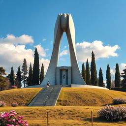 A monument inspired by the elegant form of a tulip, standing majestically on an ancient hill