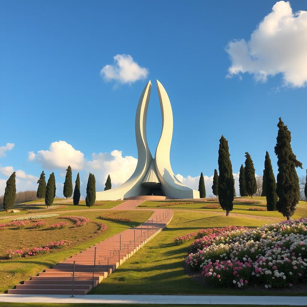 A monument inspired by the elegant form of a tulip, standing majestically on an ancient hill
