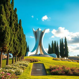A monument inspired by the elegant form of a tulip, standing majestically on an ancient hill