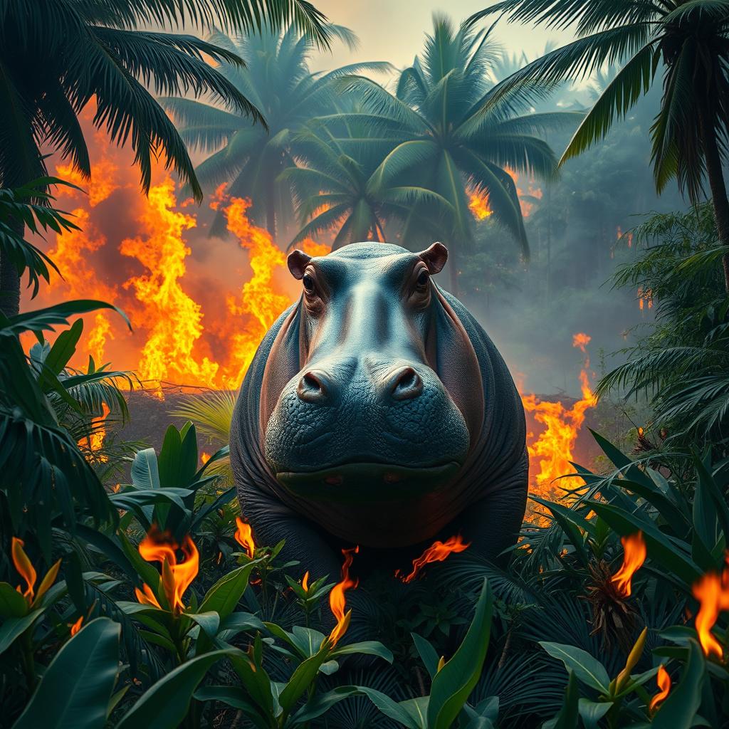 A dramatic scene of a trapped hippopotamus in a tropical forest fire