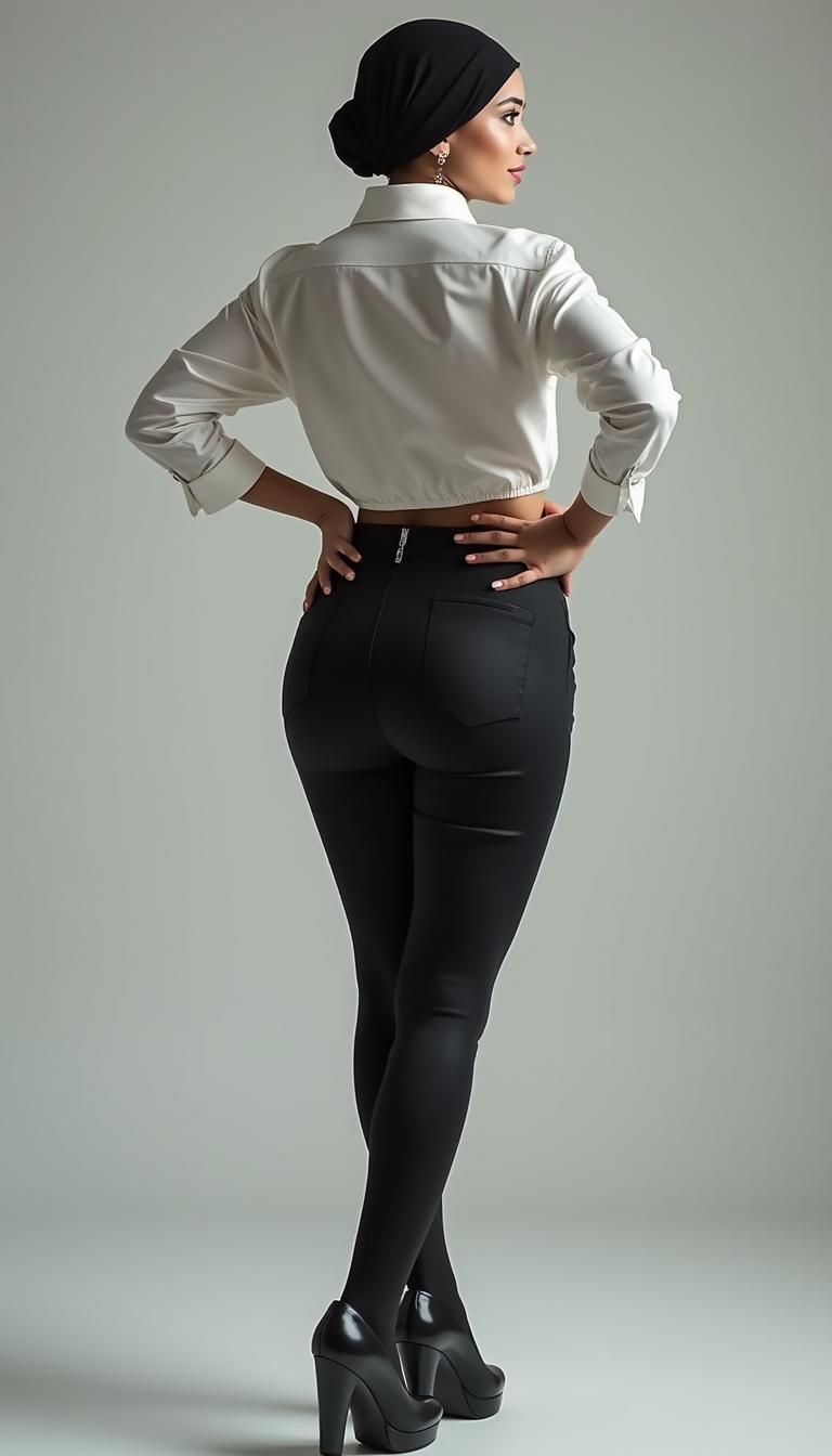 A stunning 45-year-old secretary viewed from the back, standing confidently and looking into the camera