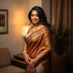 A seductive Indian woman in her late 30s, embodying an alluring charm, wearing elegant traditional attire that subtly hints at her curvy figure