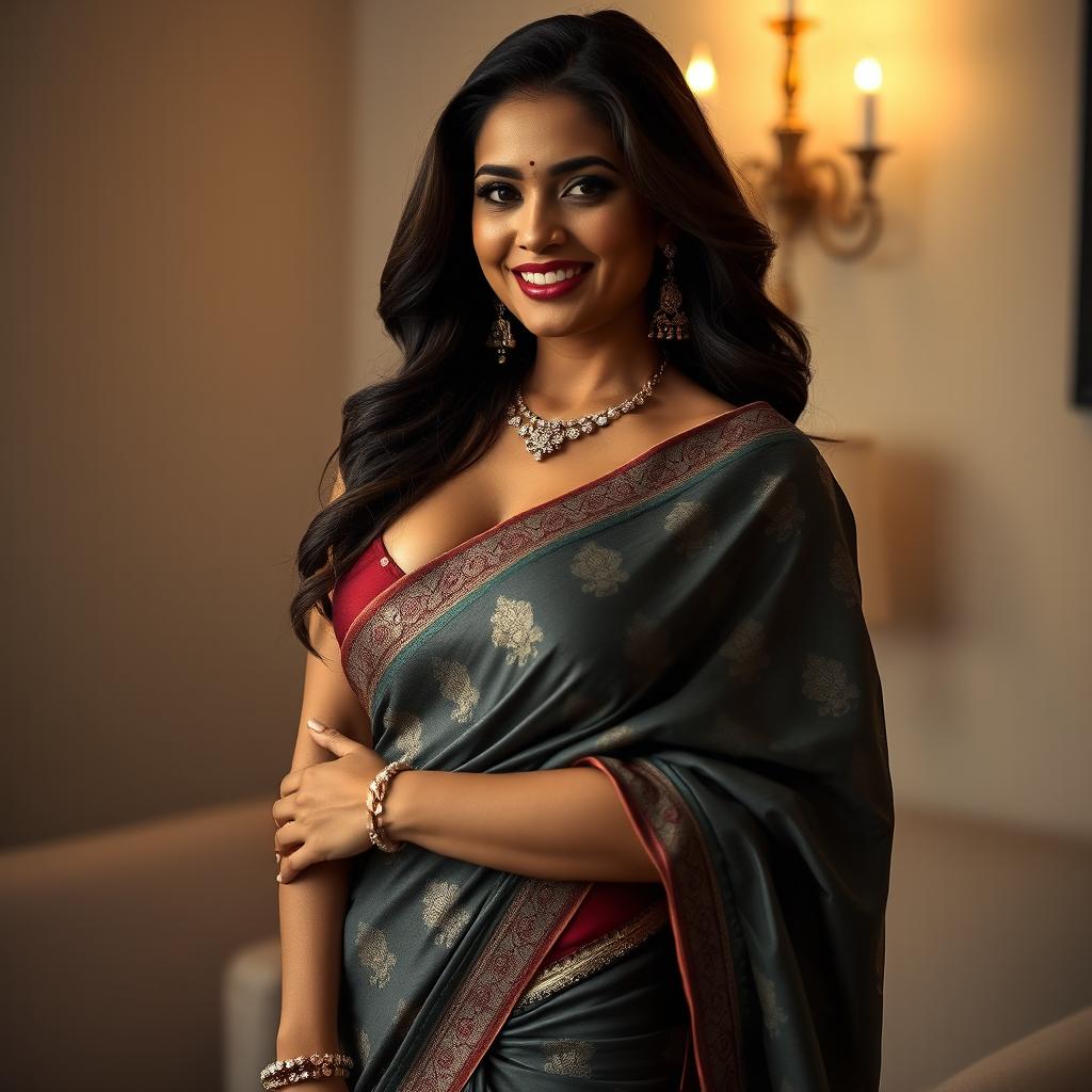 A seductive Indian woman in her late 30s, embodying an alluring charm, wearing elegant traditional attire that subtly hints at her curvy figure