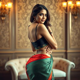 A seductive Indian woman dressed in a stylish and alluring outfit, accentuating her curves