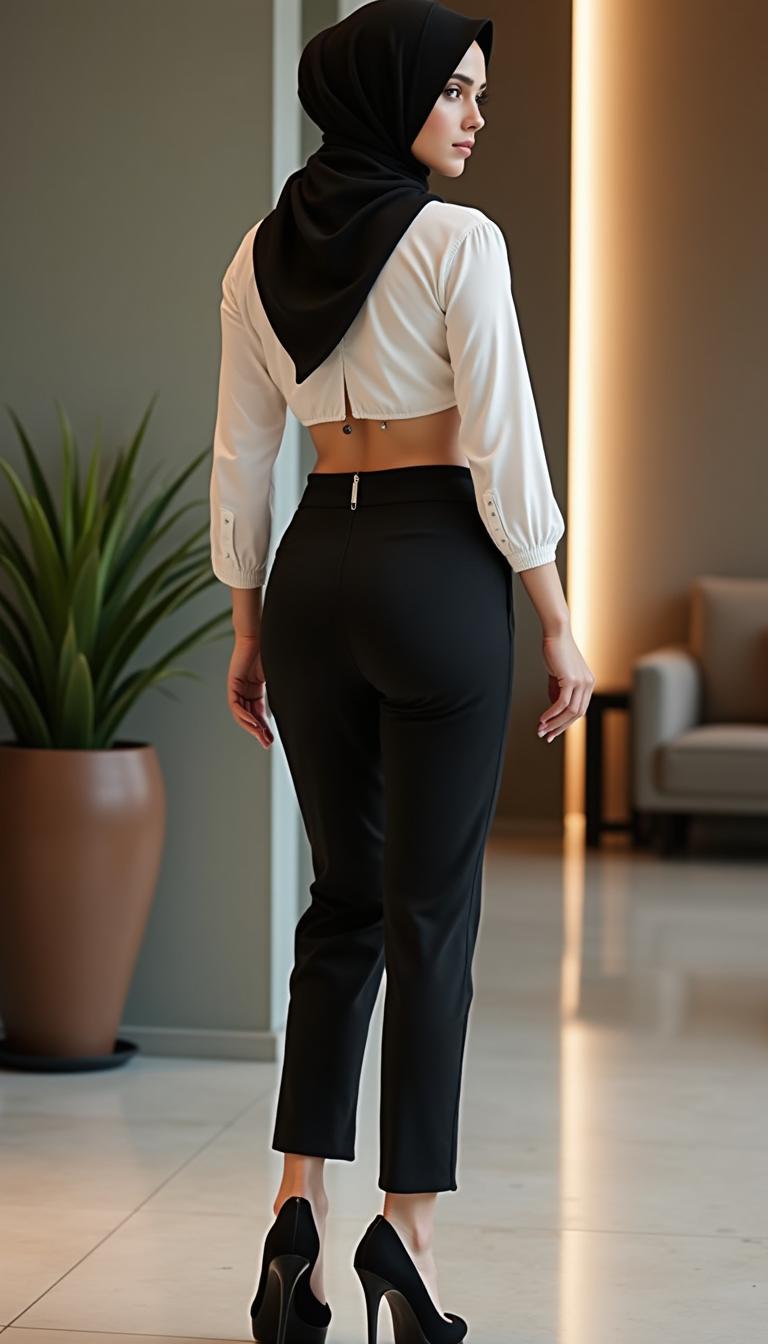 A chic secretary is portrayed from the back view, dressed in a crop tight shirt paired with a fitted tunic that accentuates her figure