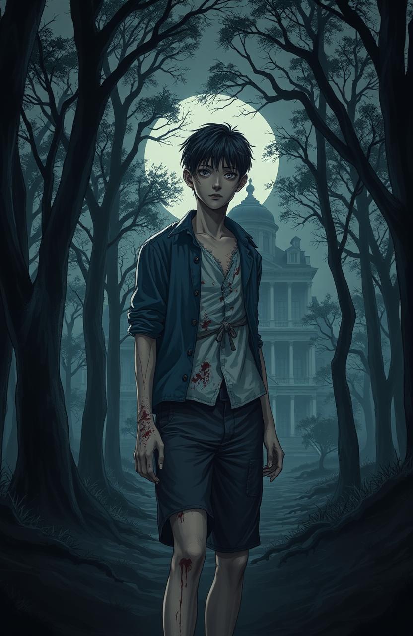 A thin young man with jet-black hair stands in the middle of a dark, foreboding forest filled with towering trees