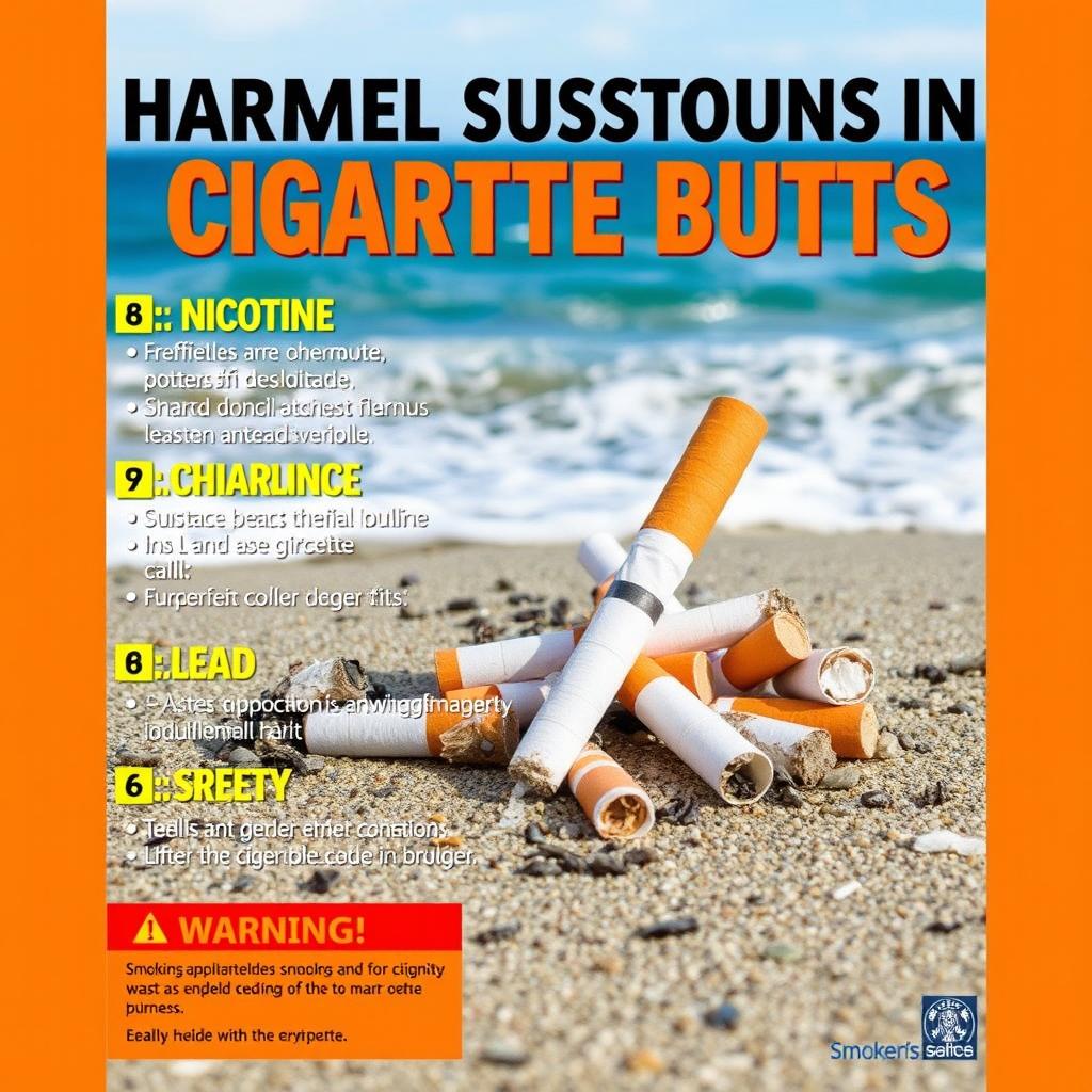 A poster illustrating the harmful substances found in cigarette butts