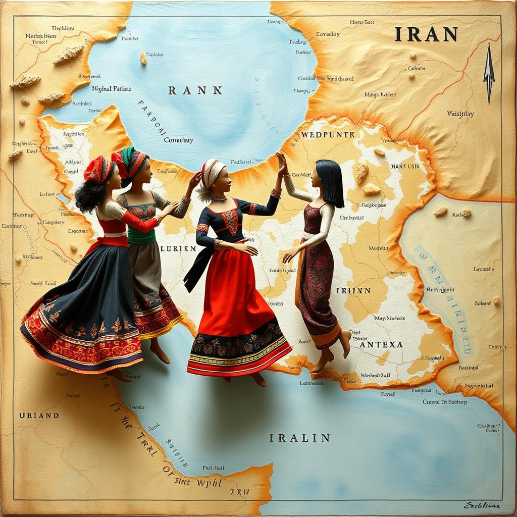 An oil painting featuring a detailed map of Iran as the background, overlaid with miniature fantasy mannequins engaged in a dance