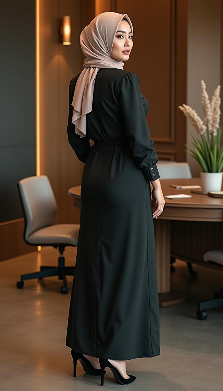 A 46-year-old secretary is captured from the back view, wearing a business cleavage shirt that is tailored to highlight her confident stature