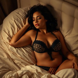 A curvy brunette woman, embodying a sensual and confident demeanor, peacefully sleeping with her eyes closed on a luxurious bed
