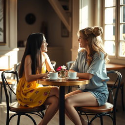 Two girls sitting at a table, positioned front to front, engaging in a lively conversation