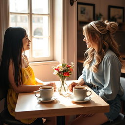Two girls sitting at a table, positioned front to front, engaging in a lively conversation