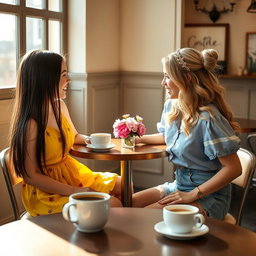 Two girls sitting at a table, positioned front to front, engaging in a lively conversation