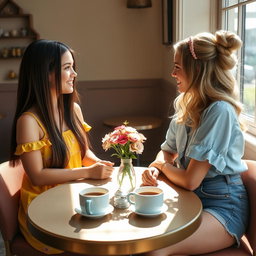 Two girls sitting at a table, positioned front to front, engaging in a lively conversation
