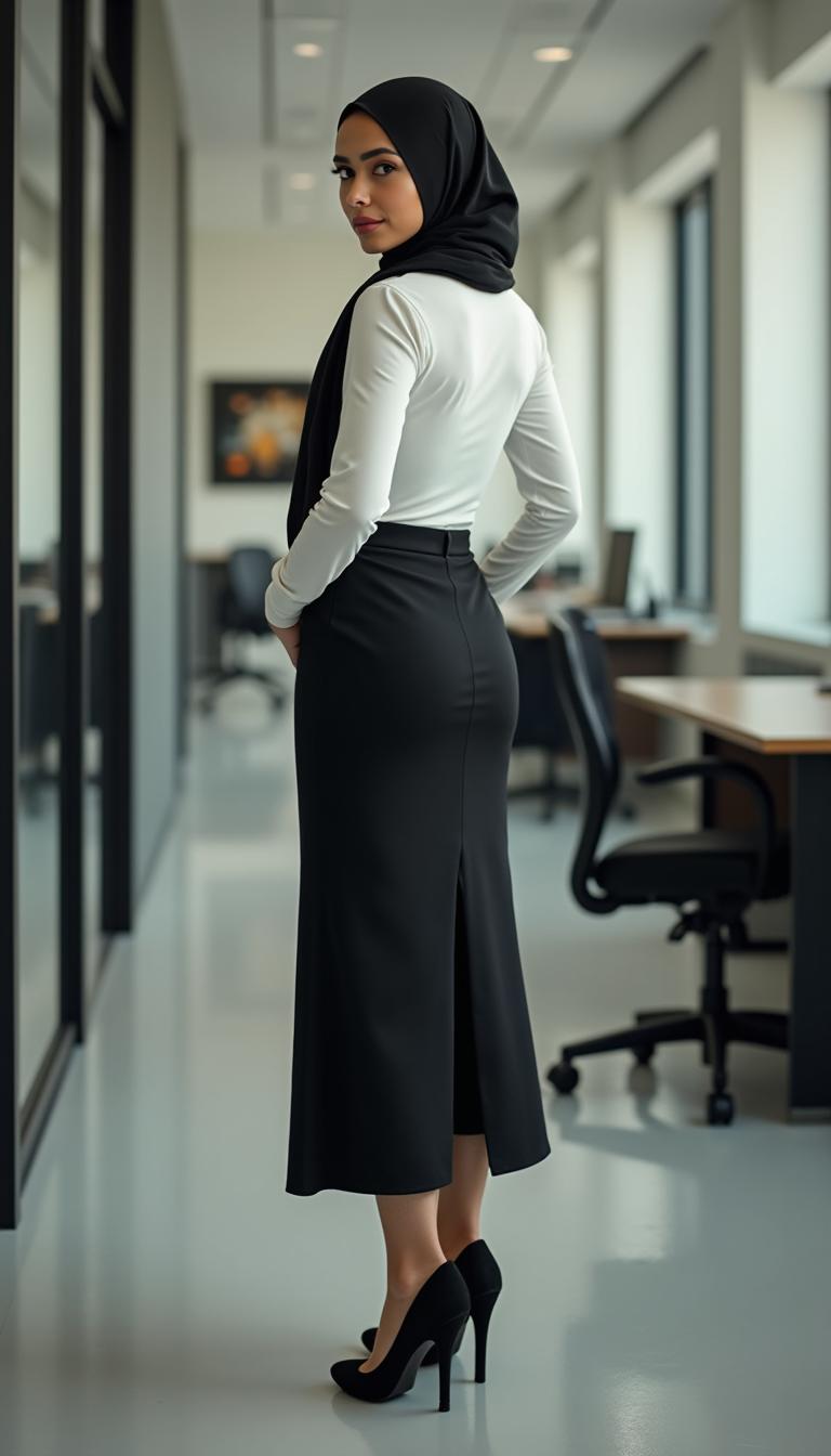 A 46-year-old secretary is portrayed from the back view, wearing a tight business shirt that showcases her cleavage, paired with a fitted dress that accentuates her curves