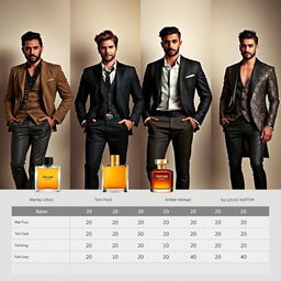 A visually appealing scene featuring four distinct men, each representing a different luxury fragrance