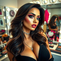 A glamorous woman with big breasts, showcasing an elaborate makeup look with bold colors and shimmering accents