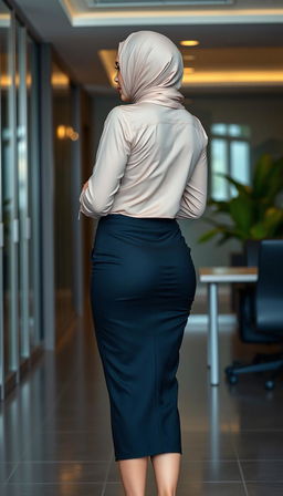 A 46-year-old Slavic secretary is depicted from the back view, wearing a tight business shirt that highlights her cleavage, paired with a fitted dress that accentuates her curves