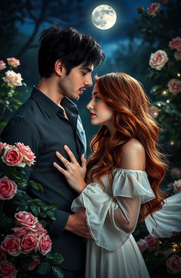 A passionate yet forbidden love scene set in a romantic, lush garden under the moonlight