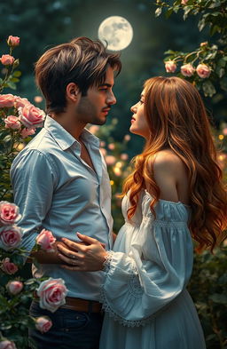 A passionate yet forbidden love scene set in a romantic, lush garden under the moonlight