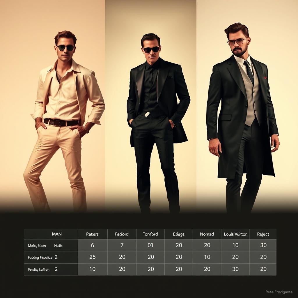 A visually striking scene featuring three distinct men, each representing a different luxury fragrance