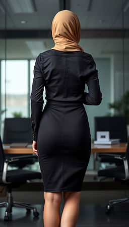 A 46-year-old Slavic secretary is depicted from the back view, wearing a snug business shirt that emphasizes her cleavage, complemented by a tight dress that highlights her figure