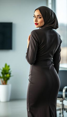 A 46-year-old Slavic secretary is portrayed from the back view, wearing a snug business shirt that reveals her cleavage, alongside a fitted dress that highlights her silhouette