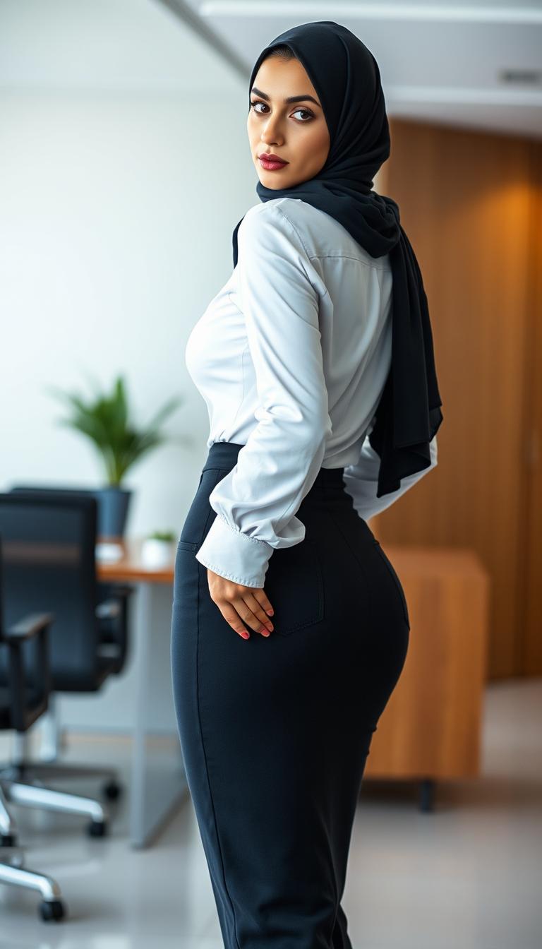 A 46-year-old Slavic secretary is portrayed from the back view, wearing a snug business shirt that reveals her cleavage, alongside a fitted dress that highlights her silhouette