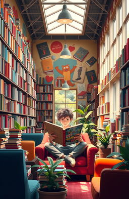 A vibrant scene of a colorful library filled with books of all sizes and genres