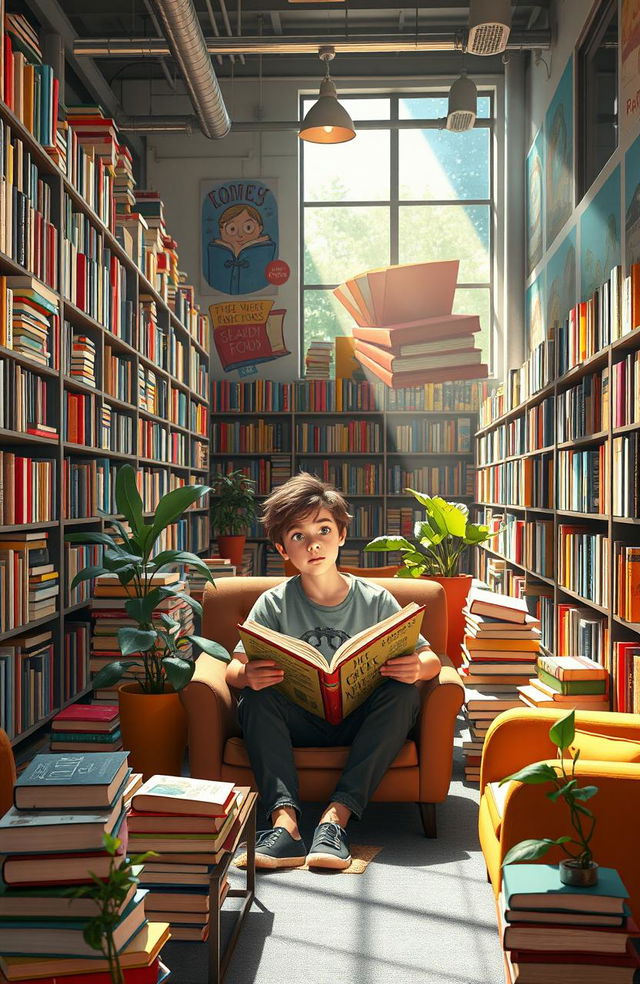 A vibrant scene of a colorful library filled with books of all sizes and genres