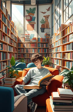 A vibrant scene of a colorful library filled with books of all sizes and genres