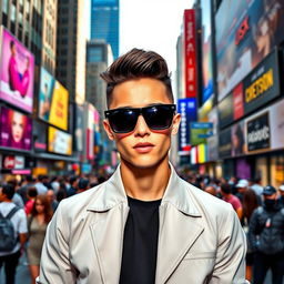 A stylish person wearing black sunglasses, standing confidently on a busy city street filled with skyscrapers and vibrant billboards