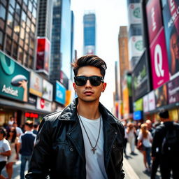 A stylish person wearing black sunglasses, standing confidently on a busy city street filled with skyscrapers and vibrant billboards