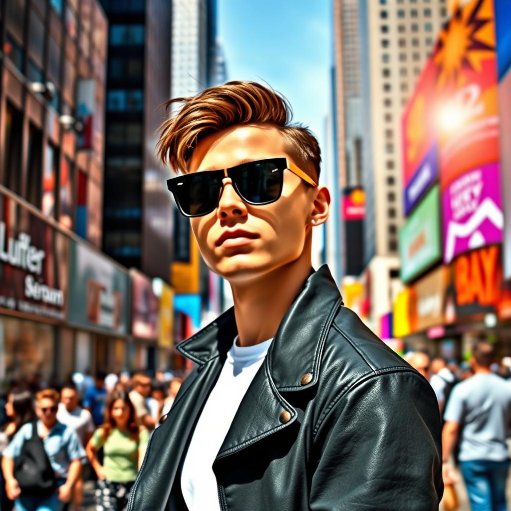 A stylish person wearing black sunglasses, standing confidently on a busy city street filled with skyscrapers and vibrant billboards