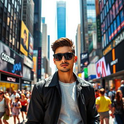 A stylish person wearing black sunglasses, standing confidently on a busy city street filled with skyscrapers and vibrant billboards
